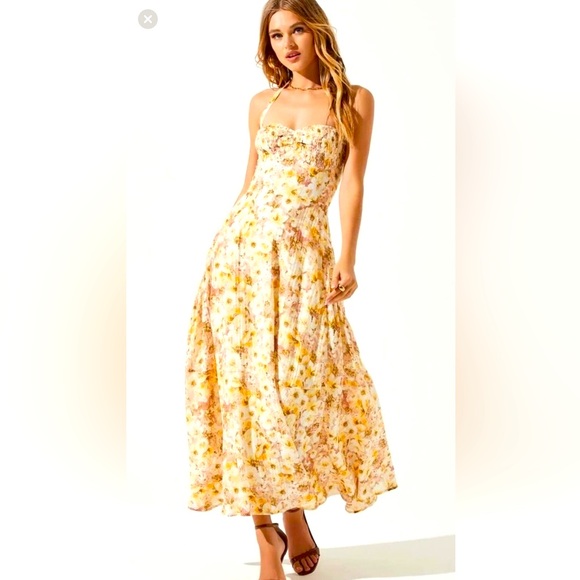 ASTR | Mariella Floral Lined Maxi Dress | Taupe/Yellow Large - Picture 1 of 14